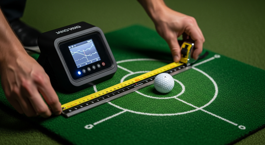 Close-up of golf launch monitor being precisely positioned on hitting mat with tape measure and alignment tool