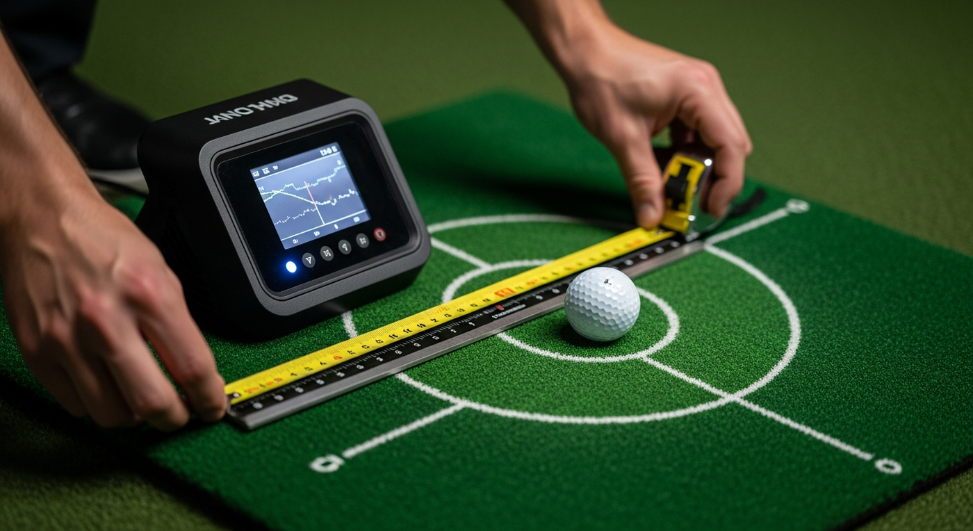 Close-up of golf launch monitor being precisely positioned on hitting mat with tape measure and alignment tool
