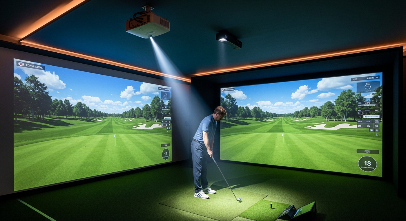 Ceiling-mounted short-throw projector casting vivid golf course image onto impact screen in UK garage