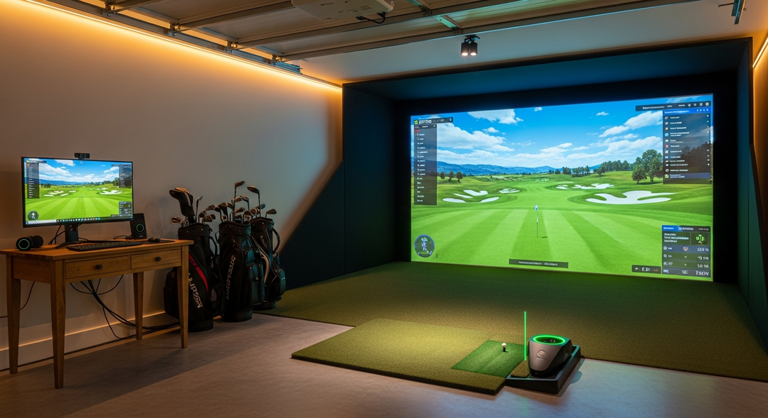 Golf simulator displaying GSPro software with virtual golf course projected onto impact screen