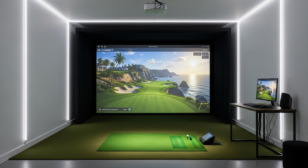 Golf simulator displaying E6 Connect software with photorealistic golf course on impact screen