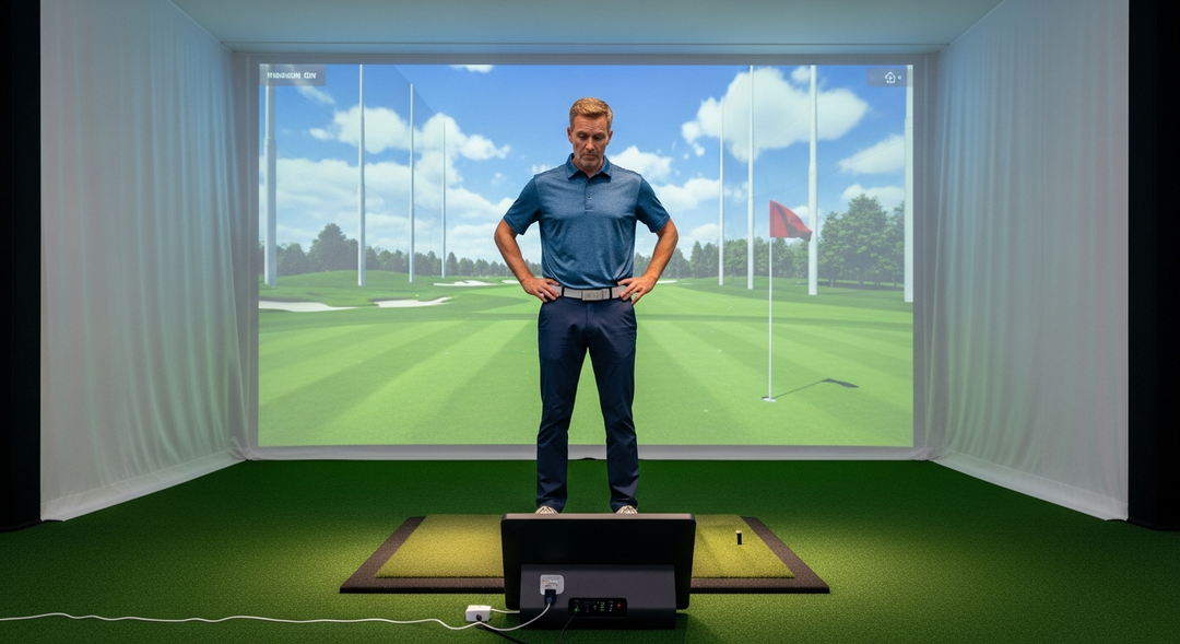Golfer troubleshooting a launch monitor that is not tracking shots on home golf simulator