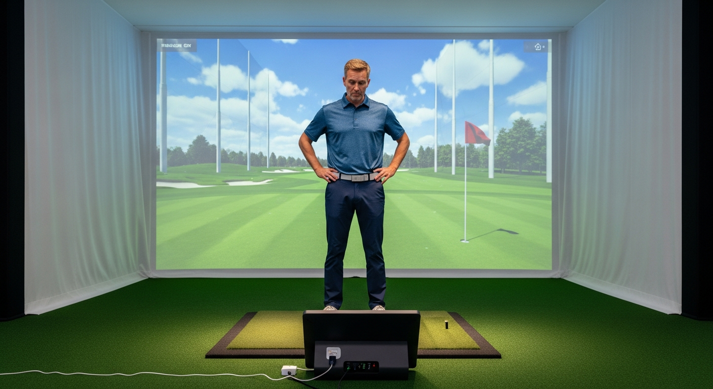 Golfer troubleshooting a launch monitor that is not tracking shots on home golf simulator