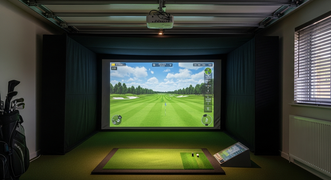 Golf simulator impact screen showing blurry poorly projected image with keystone distortion