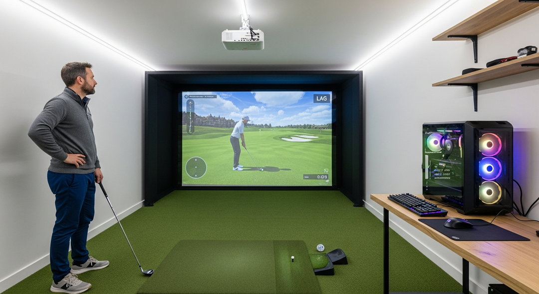 Golf simulator showing stuttering image with lag indicator while golfer troubleshoots