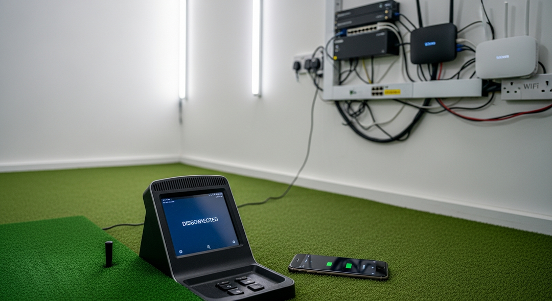 Golf simulator setup in UK garage highlighting WiFi connectivity challenges with weak signal