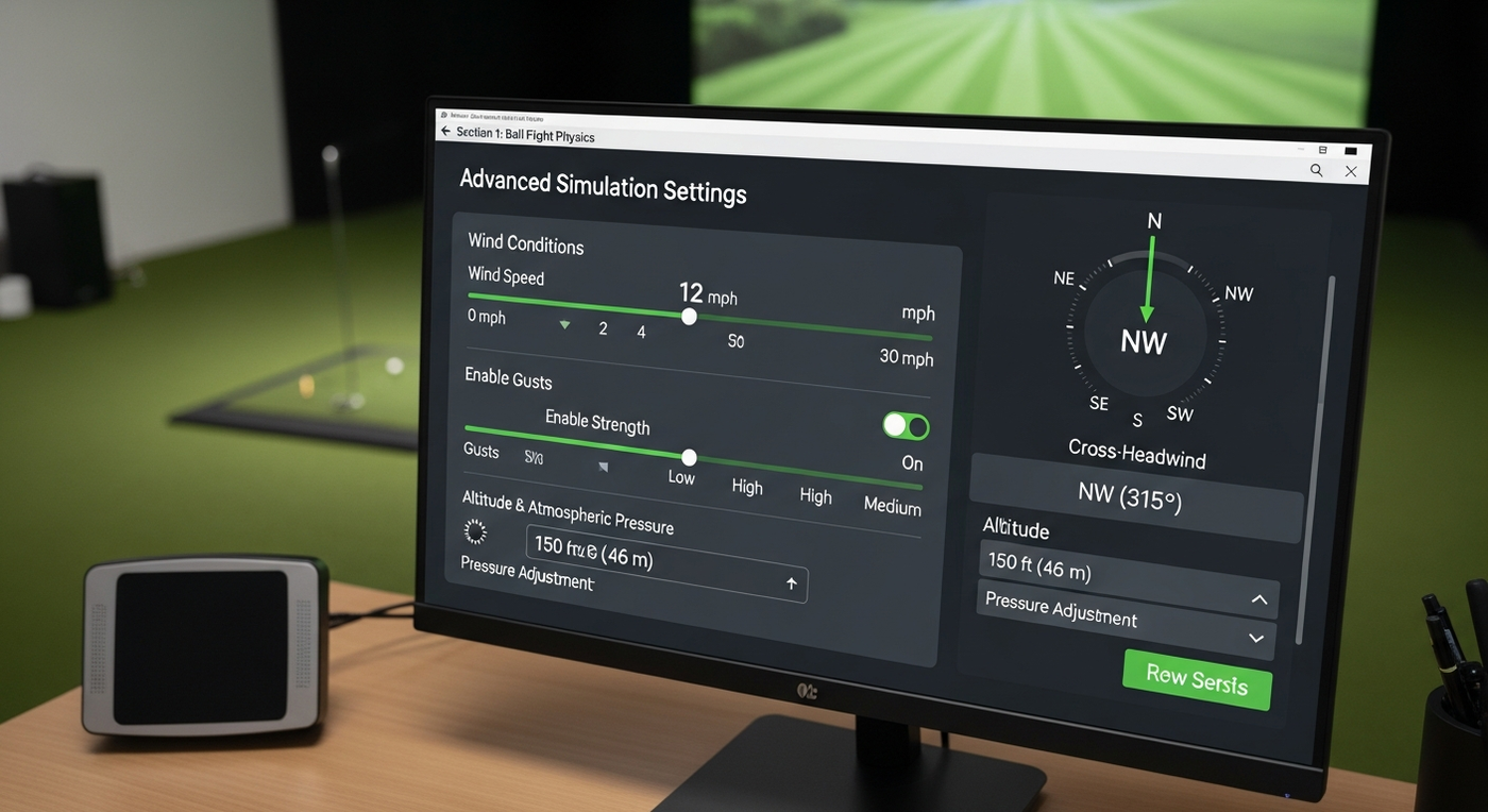 Golf simulator software settings panel on computer monitor showing accuracy and normalisation controls