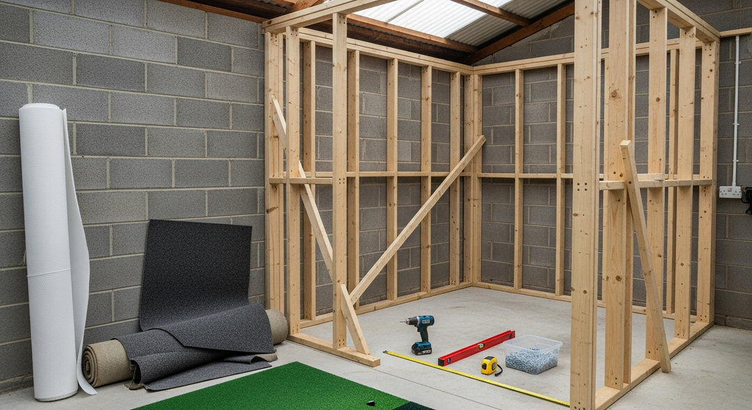 DIY golf simulator enclosure being built from timber in a UK garage with tools on floor