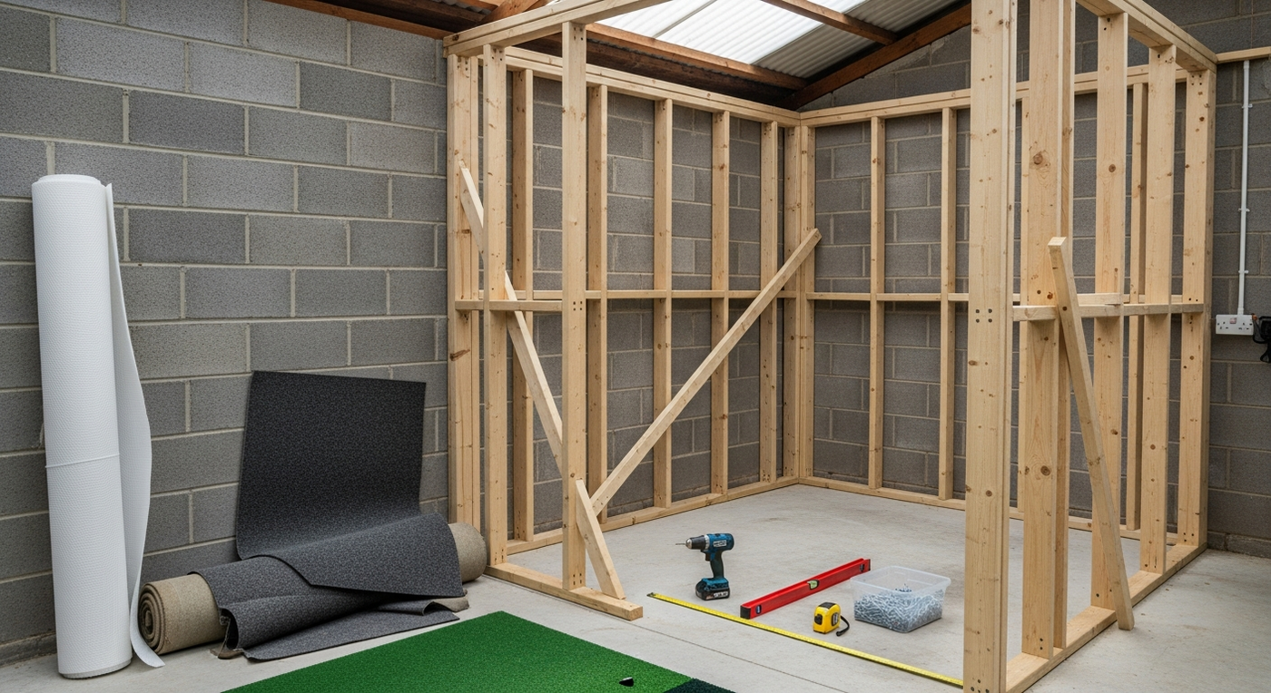 DIY golf simulator enclosure being built from timber in a UK garage with tools on floor