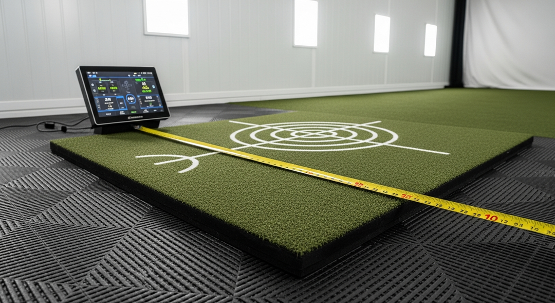 Golf hitting mat precisely positioned on rubber floor tiles with tape measure showing distance to impact screen