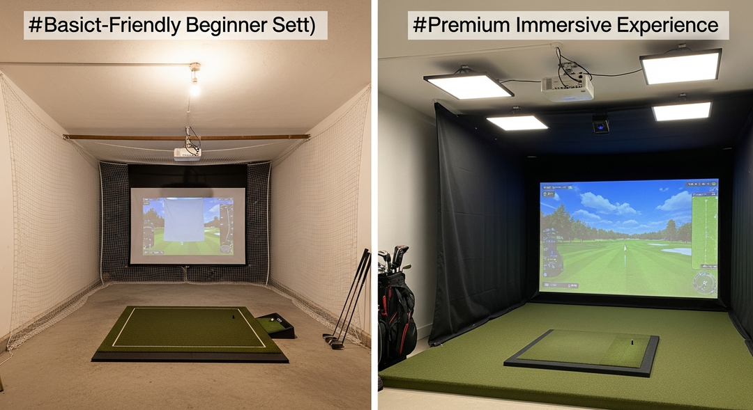 Split image comparing basic golf simulator setup with premium upgraded setup in UK garages