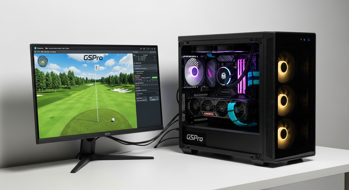 Gaming PC build for golf simulator with glass side panel showing components and monitor displaying GSPro