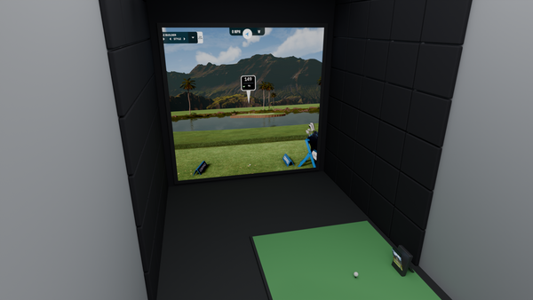 Screen-only golf simulator with an impact screen on a custom frame, foam-padded walls and a Garmin R50