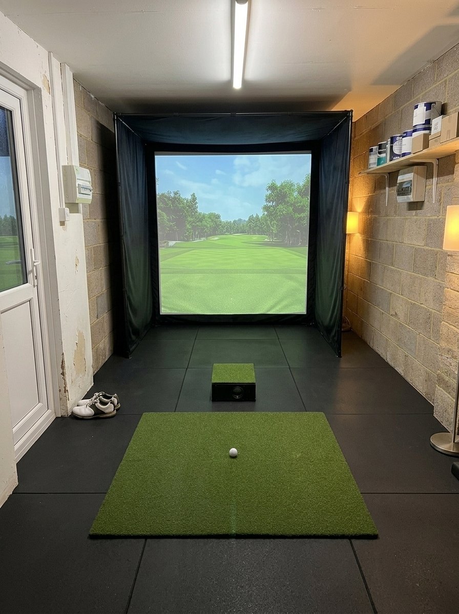 Illustration: golf simulator enclosure, hitting mat and a floor projector case in front of the mat in a UK single garage, evening light; black rubber flooring