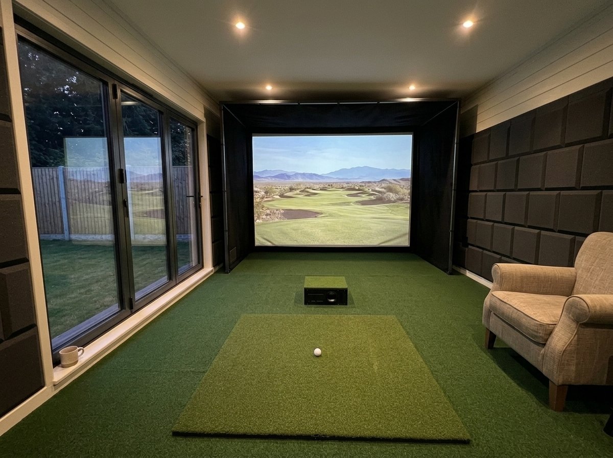 Illustration: golf simulator enclosure, hitting mat and a floor projector case in front of the mat in a UK garden room, evening light; artificial grass flooring and black foam wall tiles