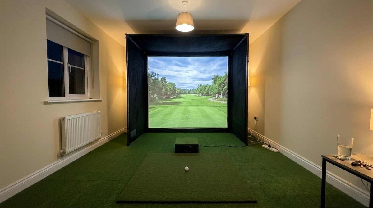 Illustration: golf simulator enclosure, hitting mat and a floor projector case in front of the mat in a UK spare bedroom, evening light; artificial grass flooring