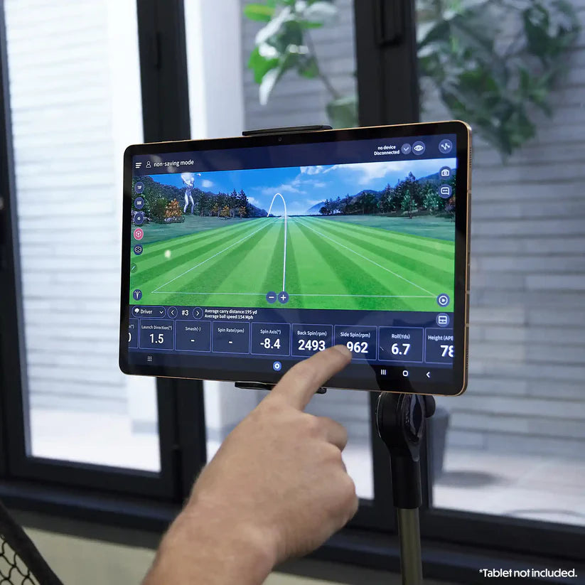 Golfzon WAVE launch monitor shot data and club metrics displayed on tablet screen