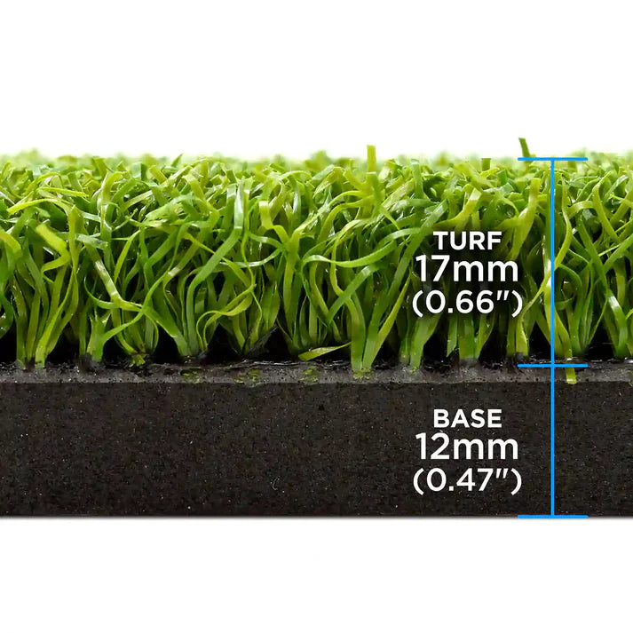 Premium standard golf hitting turf mat close-up profile showing realistic grass texture