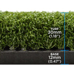 Premium tee turf golf hitting mat close-up profile showing tee insert positions