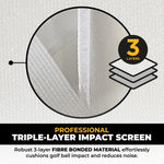 Triple-layer golf simulator impact screen with reinforced construction for durability