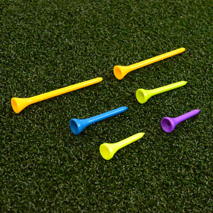 Premium tee turf golf hitting mat with tee positions and fairway-style grass top-down view