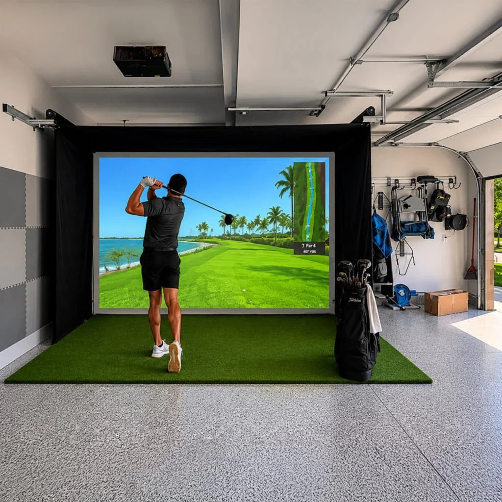 SportScreen Vanish 13H in a garage, screen down, golfer swinging