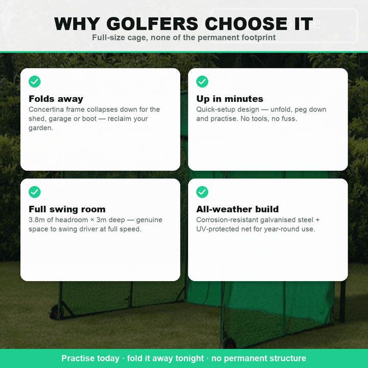 Why golfers choose the Concertina folding golf cage — 3m x 3m x 3.8m