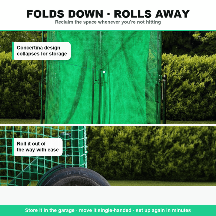 Concertina golf cage folds down and rolls away for storage