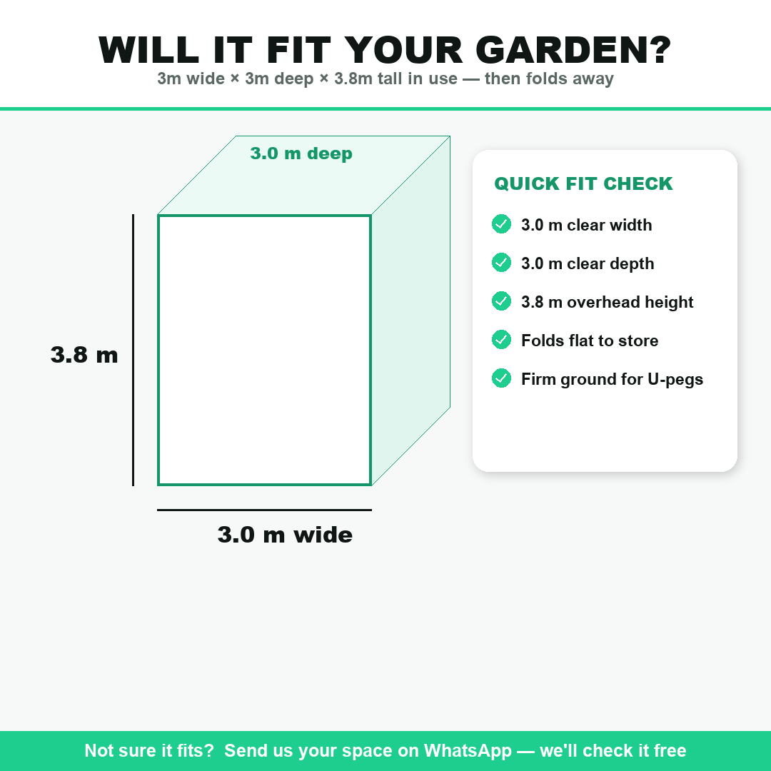 Concertina golf cage dimensions — 3m wide x 3m deep x 3.8m tall, will it fit your garden