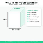 Concertina golf cage dimensions — 3m wide x 3m deep x 3.8m tall, will it fit your garden