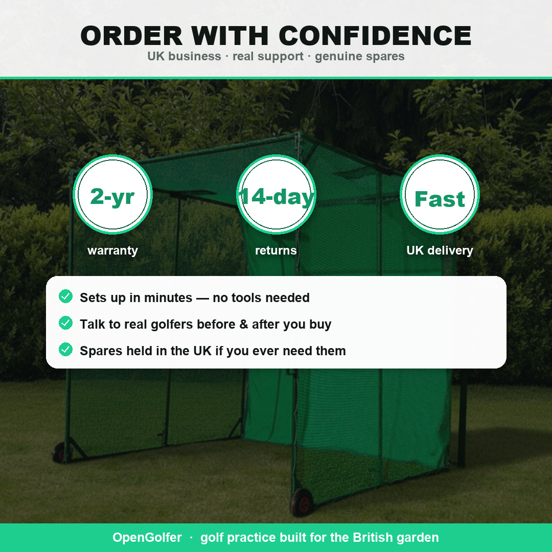 Order the Concertina folding golf cage with confidence — warranty and UK spares
