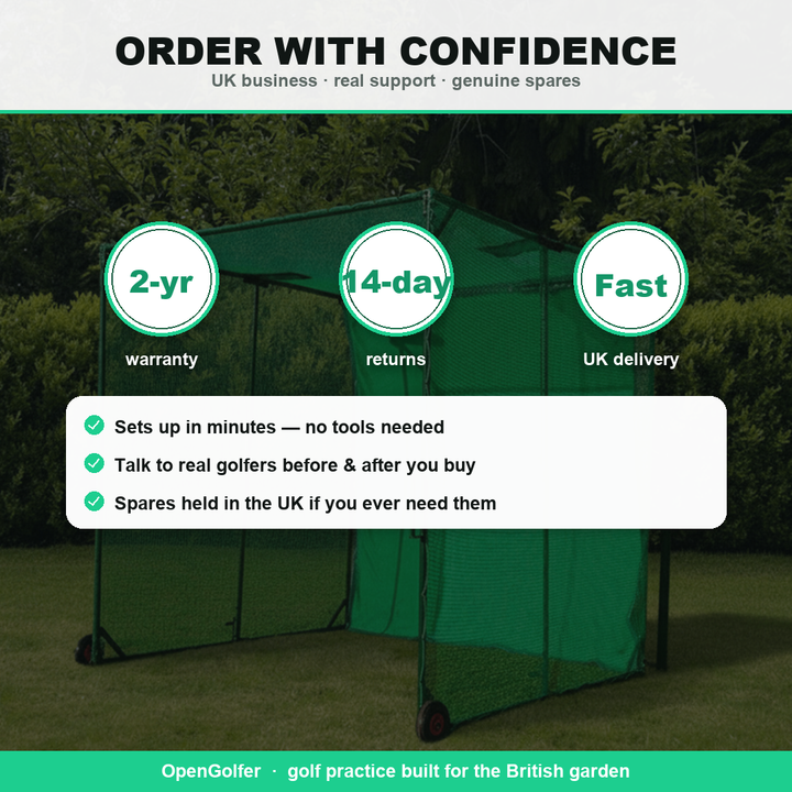 Order the Concertina folding golf cage with confidence — warranty and UK spares