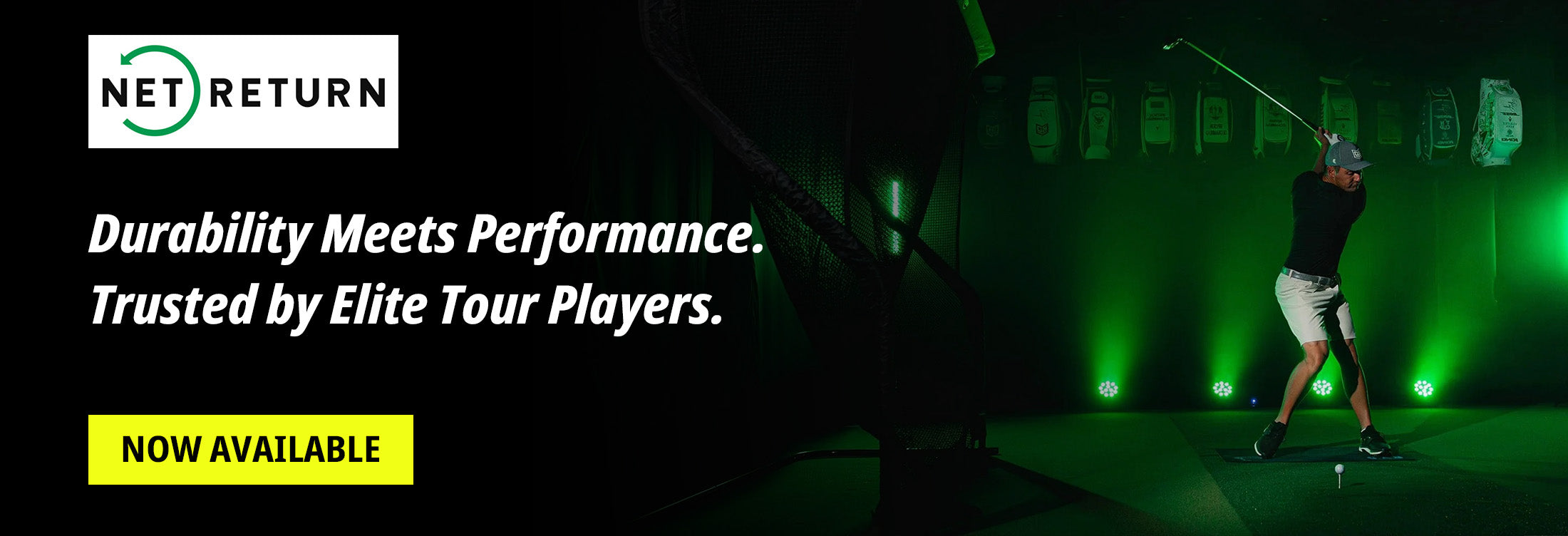 Golfer in a large golf net with 'Net Return' branding and text about durability and performance.