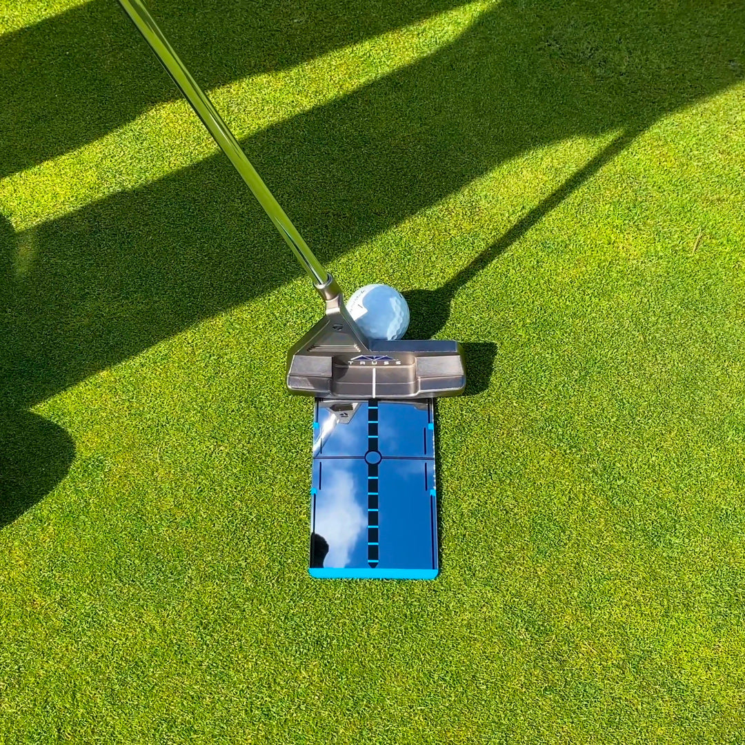 Mini-Max Training Mirror for swing checks beside a golf driving net