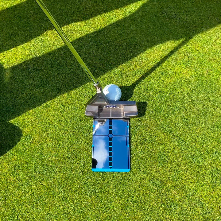 Mini-Max Training Mirror for swing checks beside a golf driving net