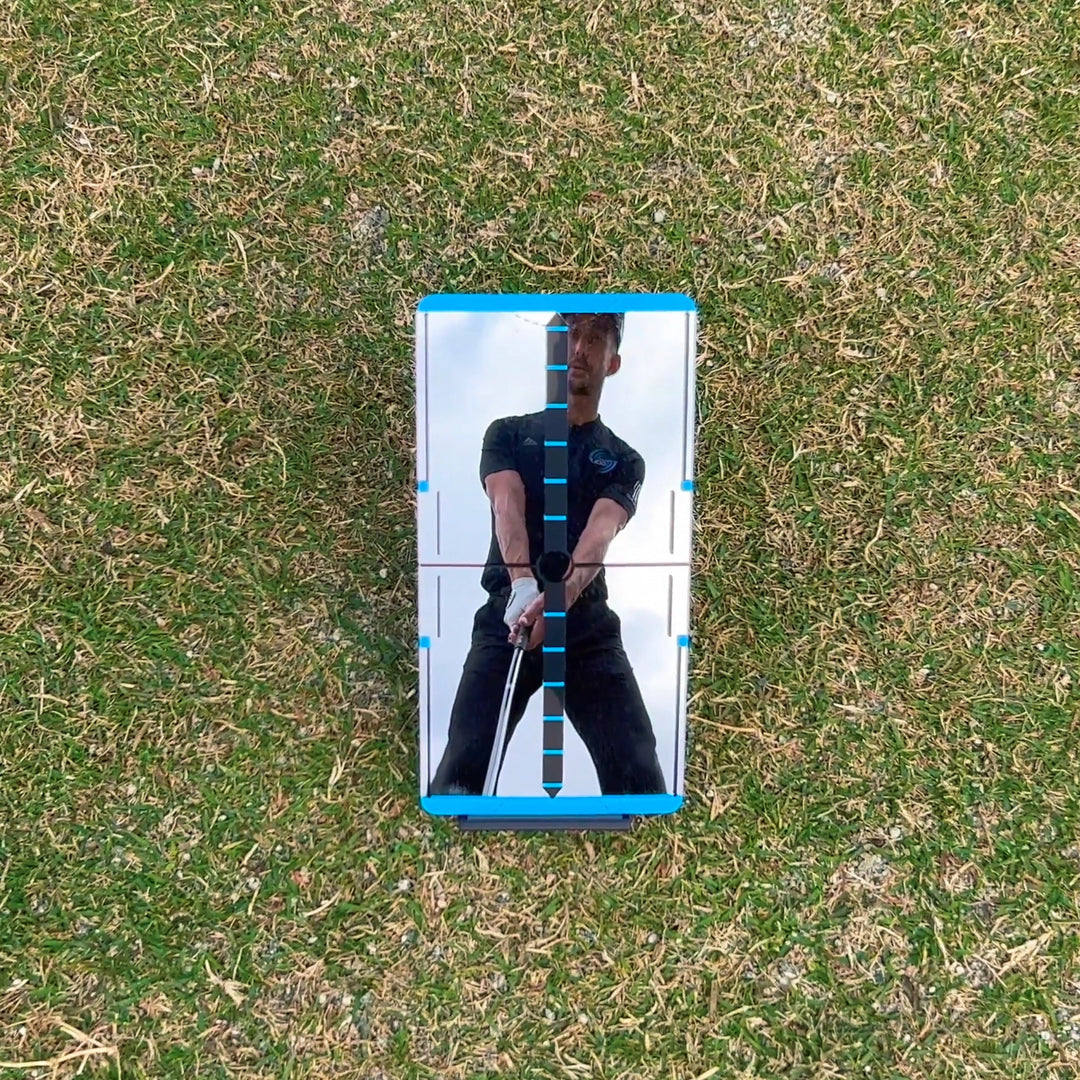 Mini-Max Training Mirror showing swing plane with strong golf netting