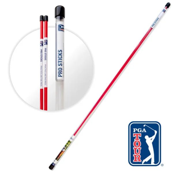 	PGA TOUR Pro Alignment Sticks training aid set up beside a golf driving net
