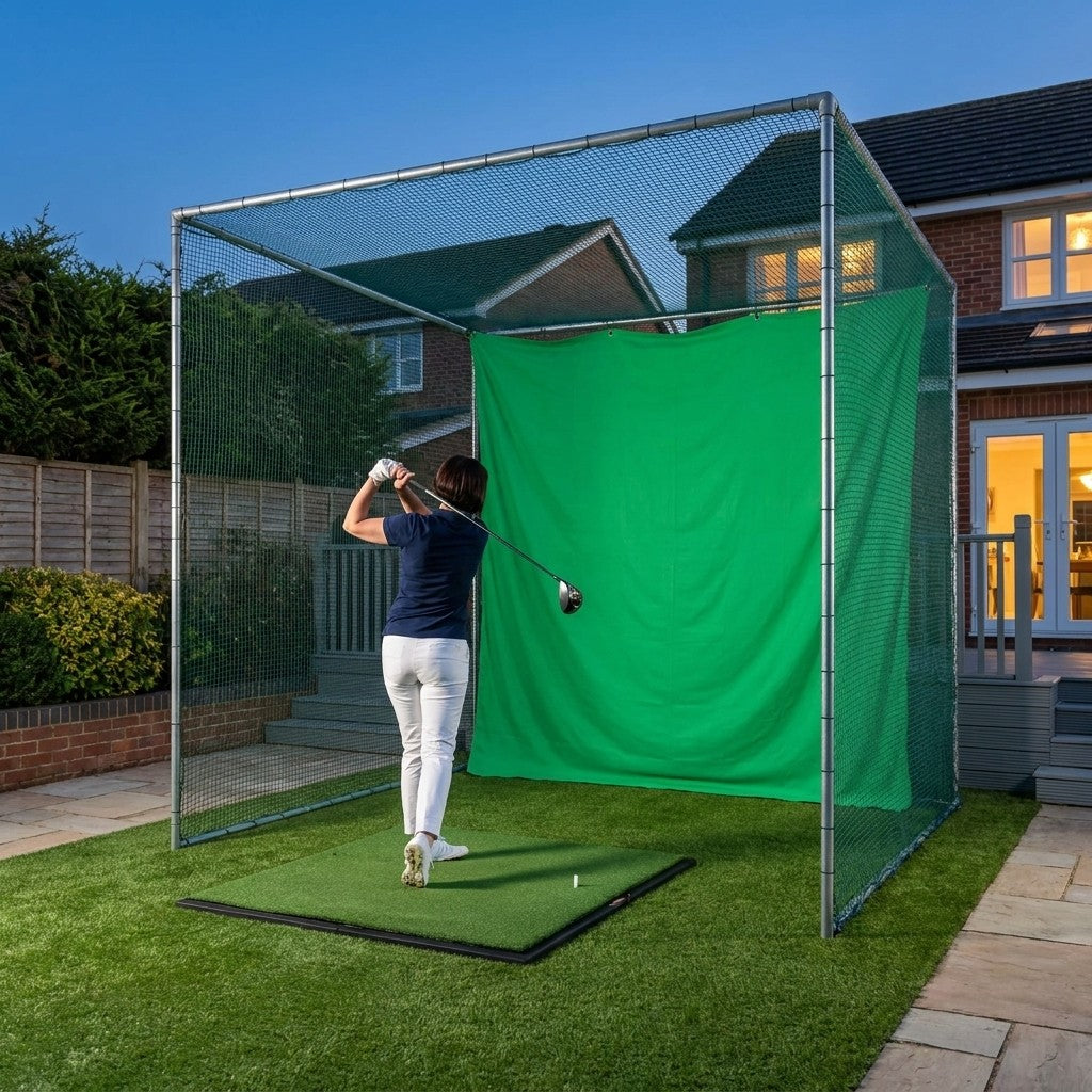 Illustration: Pro golf cage on artificial turf beside a patio at blue hour, golfer with a driver