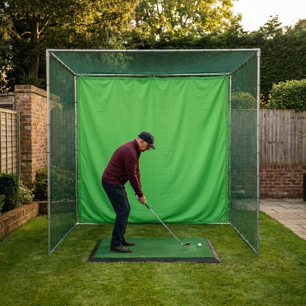 Illustration: golfer at address with a 7-iron inside the Pro golf cage