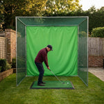 Illustration: golfer at address with a 7-iron inside the Pro golf cage