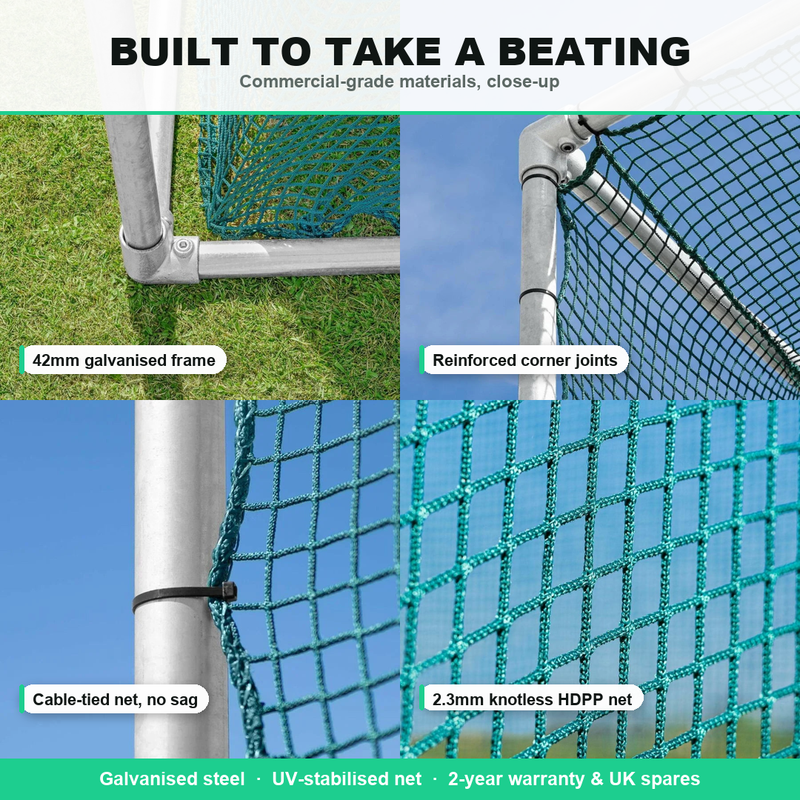 Pro Golf Cage build quality — 42mm galvanised steel frame and net