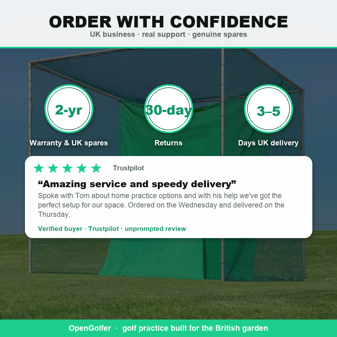 Order the Pro Golf Cage with confidence — 2-year warranty, UK spares, 5-star Trustpilot review