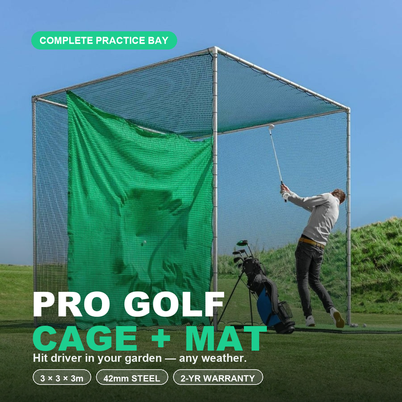 Pro Golf Cage & Hitting Mat Bundle — complete home practice bay