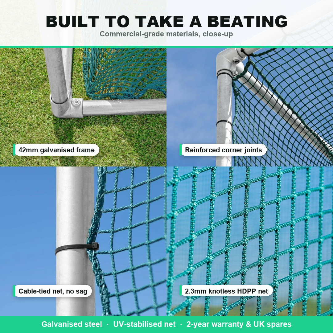 Pro Golf Cage build quality — 42mm galvanised steel frame and net