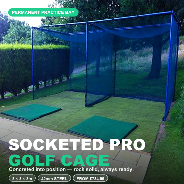 Socketed Pro Golf Cage, Net & Mat — permanent 42mm steel practice bay from £734.99