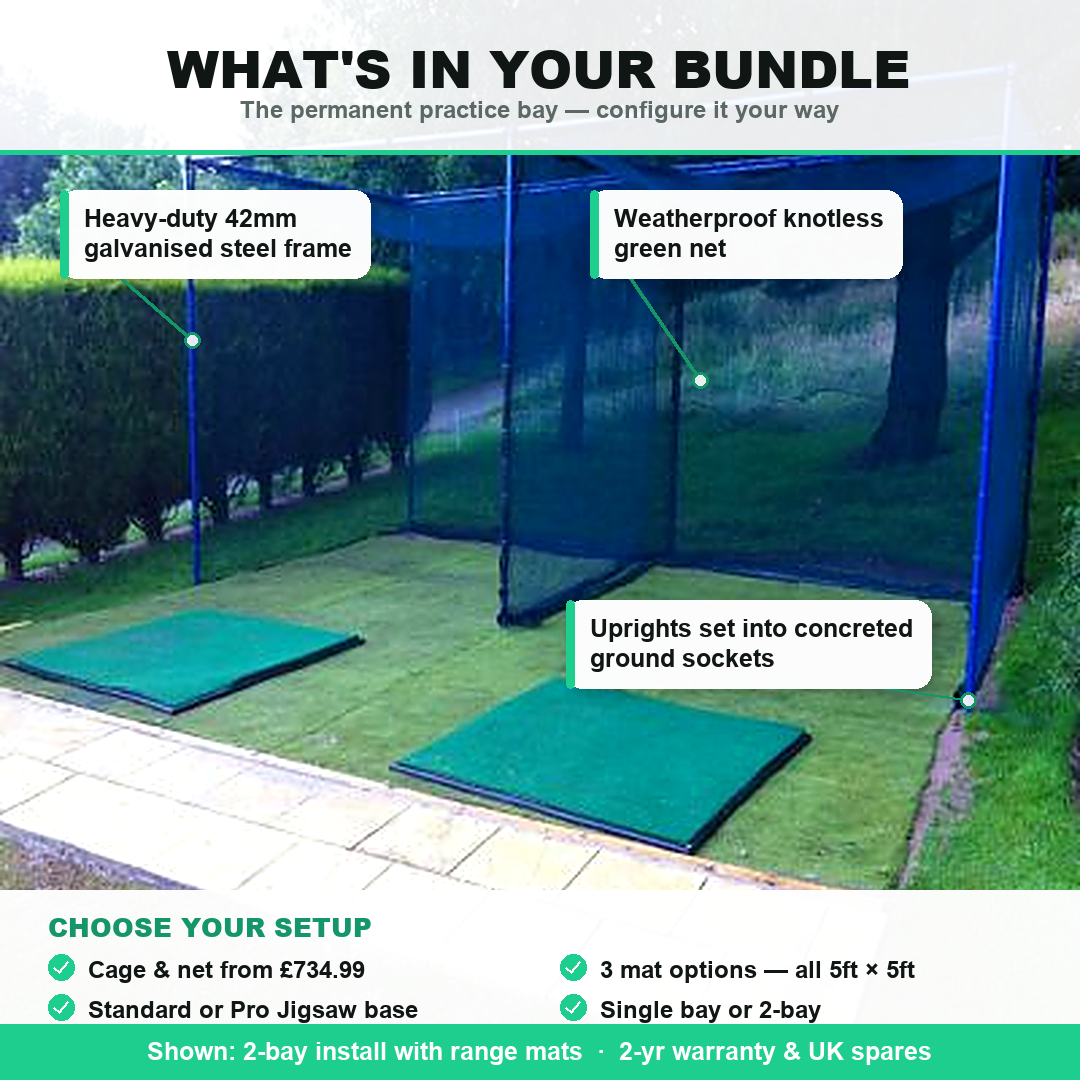 What's in the Socketed Pro Golf Cage bundle — 42mm frame, ground sockets, knotless net