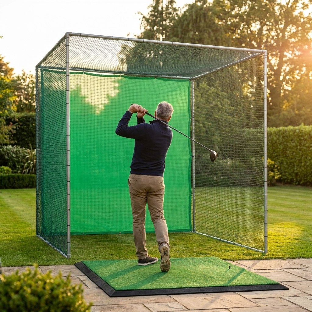 Illustration: Standard golf cage on a lawn at golden hour, golfer at follow-through with a driver