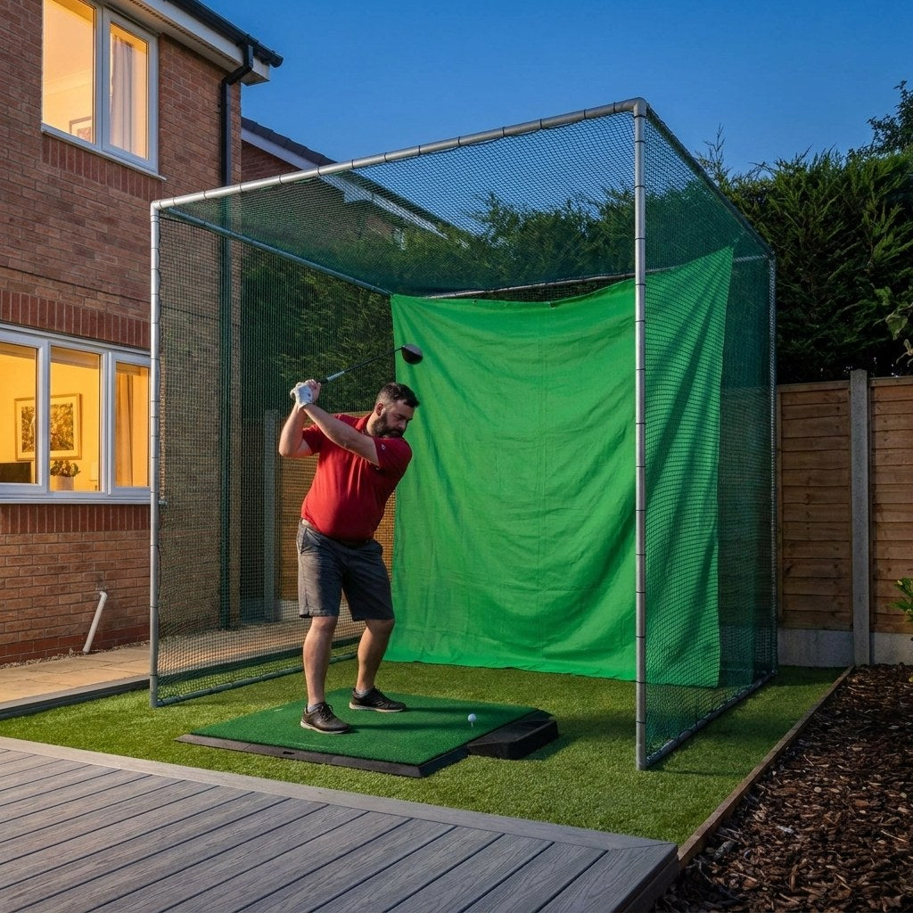 Illustration: Standard golf cage on artificial turf beside decking at dusk, golfer with a driver