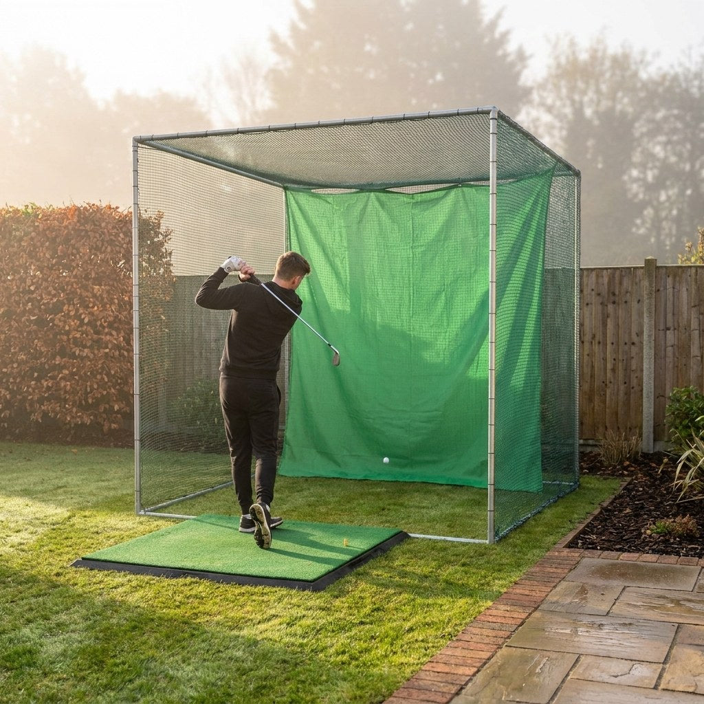 Illustration: Standard golf cage on a misty morning lawn, golfer striking an iron