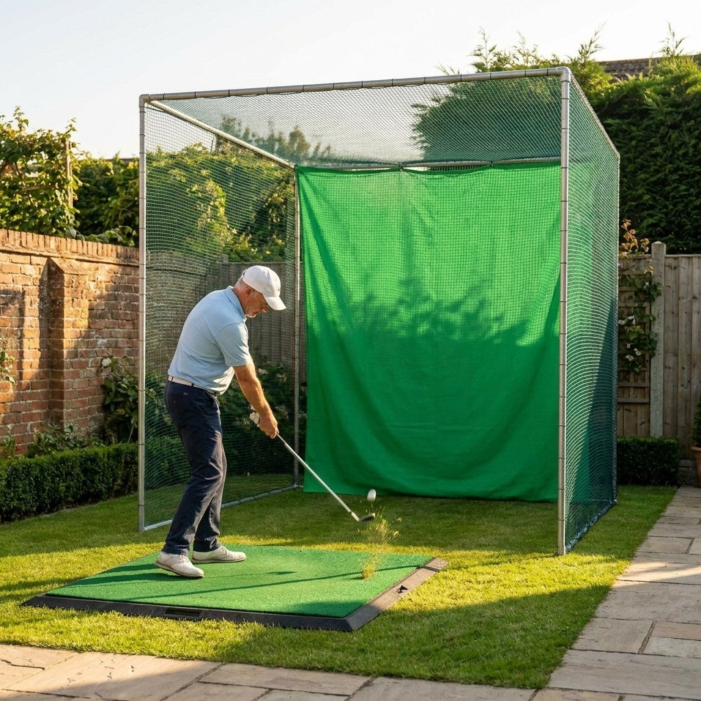 Illustration: golfer at impact with an iron inside the Standard golf cage